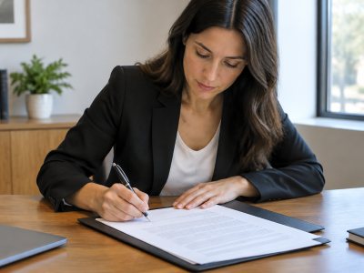Person signing legal documents at a desk